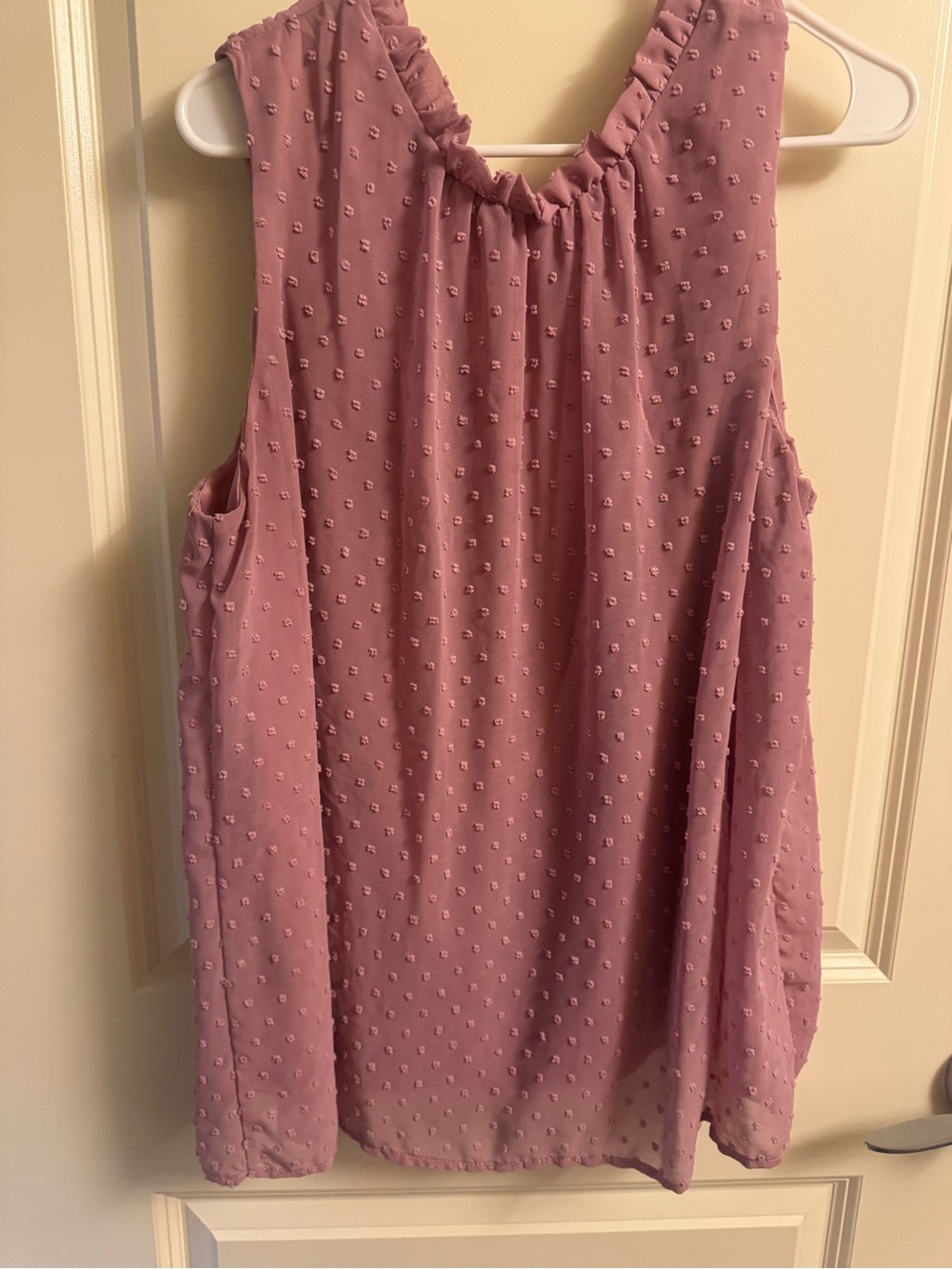 SHEIN Mauve Pink Swiss Dot Ruffle Neck Sleeveless Blouse